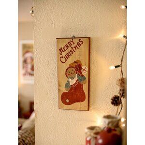 Hand Painted Merry Christmas Wooden Wall Sign With Rag Doll & Stocking Design 16
